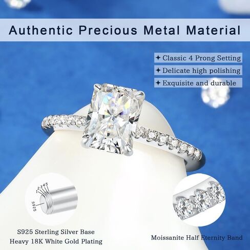2ct Radiant Cut Moissanite Rings for Women - D Color VVS1 Clarity Lab Created Moissanite Wedding Rings for Women 14K White Gold Plated Moissanite Engagement Ring Valentines Day Gifts for Her in Saudi Arabia