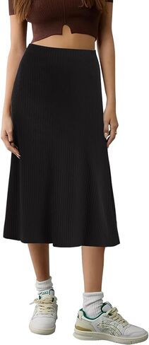 Urban CoCo Women's Elastic High Waist A-Line Flared Solid Ribbed Knit Midi Skirt in Saudi Arabia