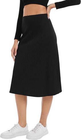 Urban CoCo Women's Elastic High Waist A-Line Flared Solid Ribbed Knit Midi Skirt in Saudi Arabia