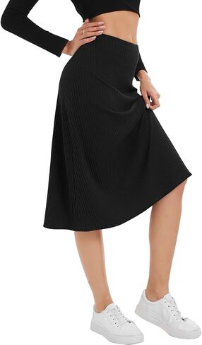 Urban CoCo Women's Elastic High Waist A-Line Flared Solid Ribbed Knit Midi Skirt in Saudi Arabia