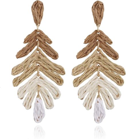 Raffia Long Palm Leaf Earrings, Colorful Handmade Rattan Leaf Drop Dangle Earrings Summer Tropical Beach Jewelry in Saudi Arabia