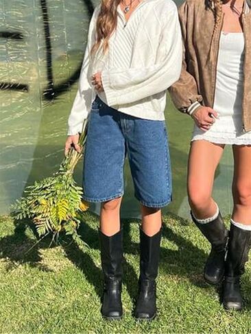 Raruxxin Women Y2K Bermuda Denim Shorts Low Rise Wide Leg Knee Bength Carpenter Long Jean Shorts Summer Cow Girl Jorts Baggy in Kuwait