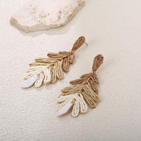 Raffia Long Palm Leaf Earrings, Colorful Handmade Rattan Leaf Drop Dangle Earrings Summer Tropical Beach Jewelry in Saudi Arabia