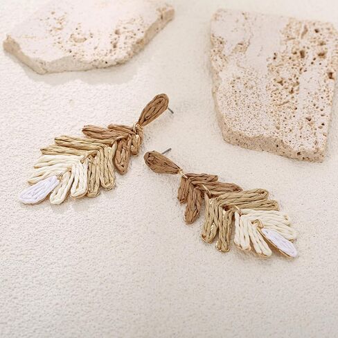 Raffia Long Palm Leaf Earrings, Colorful Handmade Rattan Leaf Drop Dangle Earrings Summer Tropical Beach Jewelry in Saudi Arabia