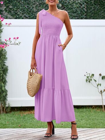 PRETTYGARDEN Womens One Shoulder Summer Maxi Dress Smocked Flowy Boho Beach Long Sundress Sleeveless Wedding Guest Dresses in Kuwait
