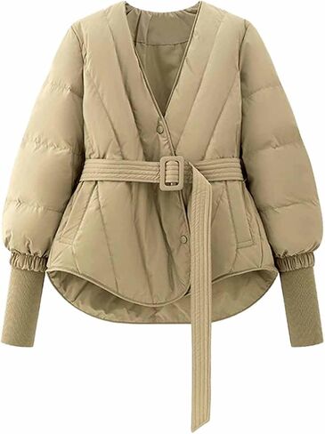 Women's Winter Long Sleeve Waist Cinched Jacket V-Neck Baggy Short Coats with Pockets in Saudi Arabia