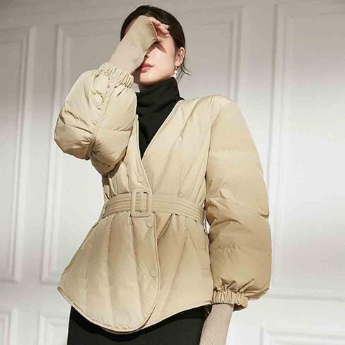 Women's Winter Long Sleeve Waist Cinched Jacket V-Neck Baggy Short Coats with Pockets in Saudi Arabia