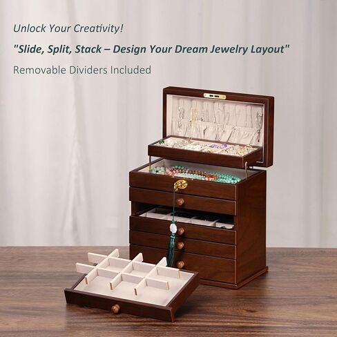 Vintage Wooden Jewelry Box with Dual Key Lock, Carved Top, Necklace Hooks – Antique Jewelry Organizer for Dresser Tabletop, Jewelry Storage Boxes for Women in Saudi Arabia
