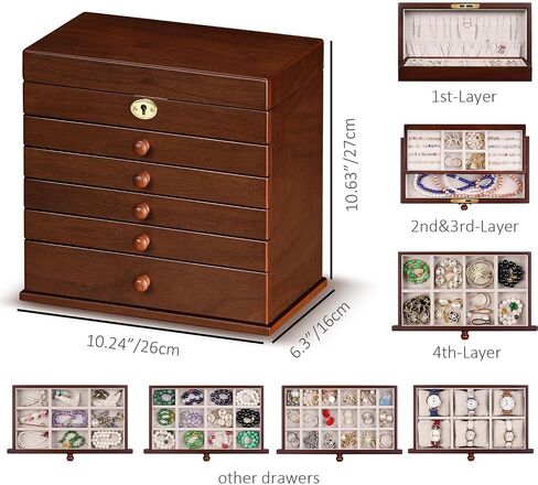 Vintage Wooden Jewelry Box with Dual Key Lock, Carved Top, Necklace Hooks – Antique Jewelry Organizer for Dresser Tabletop, Jewelry Storage Boxes for Women in Saudi Arabia