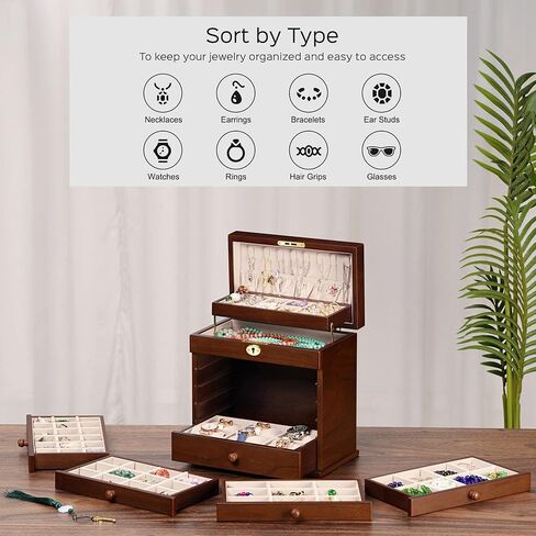 Vintage Wooden Jewelry Box with Dual Key Lock, Carved Top, Necklace Hooks – Antique Jewelry Organizer for Dresser Tabletop, Jewelry Storage Boxes for Women in Saudi Arabia