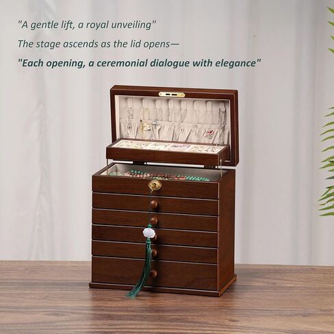 Vintage Wooden Jewelry Box with Dual Key Lock, Carved Top, Necklace Hooks – Antique Jewelry Organizer for Dresser Tabletop, Jewelry Storage Boxes for Women in Saudi Arabia