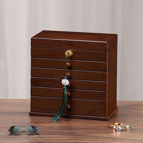 Vintage Wooden Jewelry Box with Dual Key Lock, Carved Top, Necklace Hooks – Antique Jewelry Organizer for Dresser Tabletop, Jewelry Storage Boxes for Women in Saudi Arabia