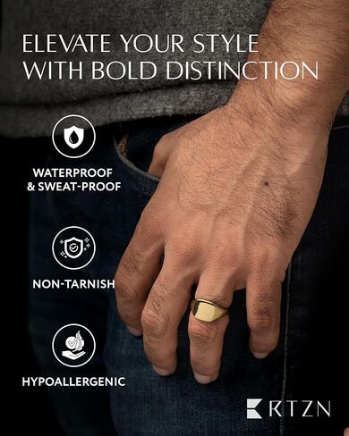RTZN® Signet Rings for Men — Premium Mens Stainless Steel Rings — 100% Waterproof & Non Tarnish Plain Statement Mens Signet Ring Gold/Silver Pinky Ring for Men (SIZE: 6-12) in Kuwait
