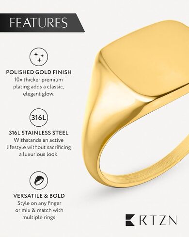 RTZN® Signet Rings for Men — Premium Mens Stainless Steel Rings — 100% Waterproof & Non Tarnish Plain Statement Mens Signet Ring Gold/Silver Pinky Ring for Men (SIZE: 6-12) in Kuwait