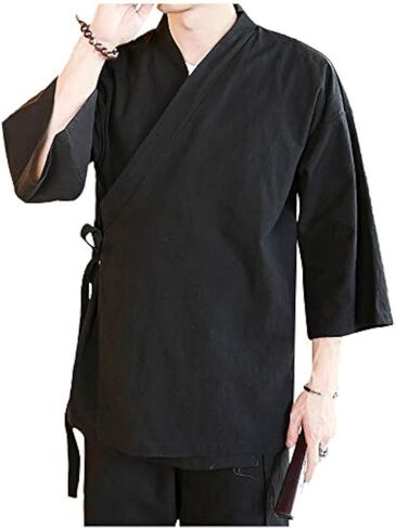 Men's Chinese Style Linen Cardigan Jacket loose kimono Jacket Solid Color Self-tie Hanfu Traditional Clothing in Kuwait