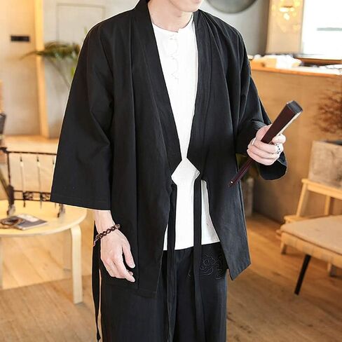 Men's Chinese Style Linen Cardigan Jacket loose kimono Jacket Solid Color Self-tie Hanfu Traditional Clothing in Kuwait