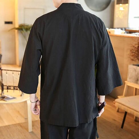 Men's Chinese Style Linen Cardigan Jacket loose kimono Jacket Solid Color Self-tie Hanfu Traditional Clothing in Kuwait
