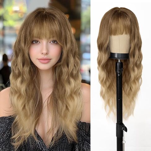 ENTRANCED STYLES Blonde Wig with Bangs Platinum Blonde Wigs for Women Synthetic Fiber Wig Womens Wavy Wigs Long Curly Wig for Daily Cosplay Party (26 inch Blonde) in Saudi Arabia