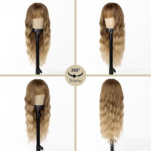 ENTRANCED STYLES Blonde Wig with Bangs Platinum Blonde Wigs for Women Synthetic Fiber Wig Womens Wavy Wigs Long Curly Wig for Daily Cosplay Party (26 inch Blonde) in Saudi Arabia