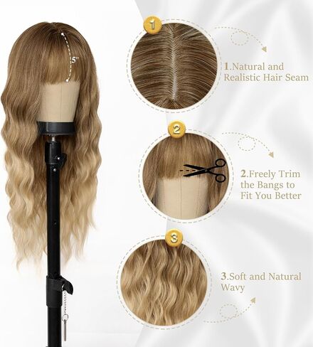 ENTRANCED STYLES Blonde Wig with Bangs Platinum Blonde Wigs for Women Synthetic Fiber Wig Womens Wavy Wigs Long Curly Wig for Daily Cosplay Party (26 inch Blonde) in Saudi Arabia