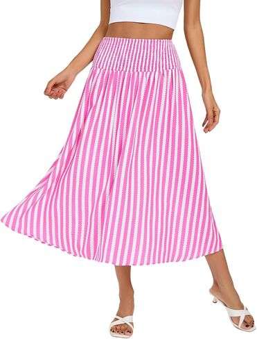 Kate Kasin Women Smocked Summer Beach Skirt Flowy Boho Maxi Long Skirt A Line Striped Tummy Control Skirts 2025 Trendy in Saudi Arabia