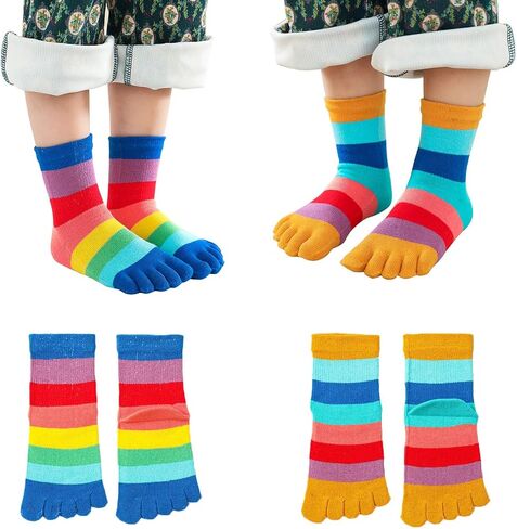 2 Pairs Cotton Five Finger Toe Socks Athletic Running Casual Colorful Rainbow Seperated Socks for Kids Girls Boys 2-10 Years in Kuwait