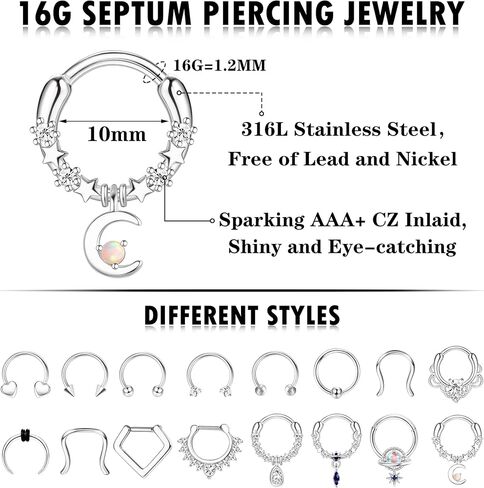 Besteel 16 PCS حلقات الحاجز Hypoallergenic 16G 316L الفولاذ المقاوم للصدأ الفولاذ المقاوم للصدأ خواتم الأنف الطوق Tragus Cartilage Helix Daith Jewelry for Men Women 10mm in Kuwait