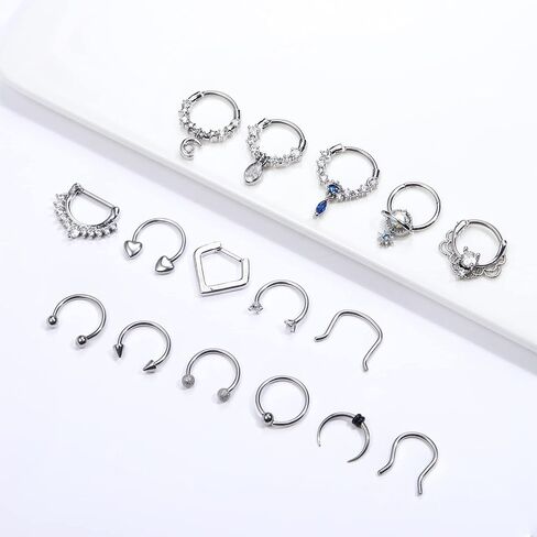 Besteel 16 PCS حلقات الحاجز Hypoallergenic 16G 316L الفولاذ المقاوم للصدأ الفولاذ المقاوم للصدأ خواتم الأنف الطوق Tragus Cartilage Helix Daith Jewelry for Men Women 10mm in Kuwait