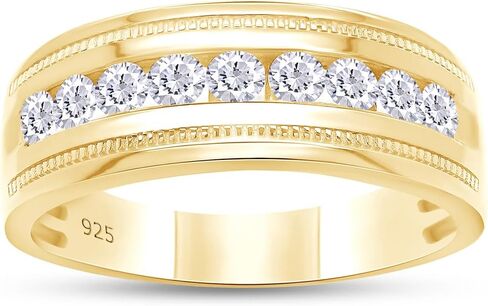 Savearth Diamonds 1/2 CTTW Round Lab الذي تم إنشاؤه Moissanite & Lab Grown Diamond Milgrain Wedding Band Ring للرجال والنساء في الفضة الإسترليني المطلية بالذهب 14K (VS-Si Clarity ، 0.50 CTTW و 1.00 CTTW) in Kuwait