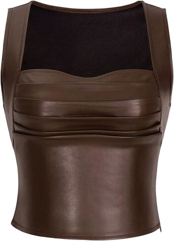 SOLY HUX Women's PU Leather Square Neck Tank Tops Sleeveless Slim Fitted Party Club Crop Top in Saudi Arabia