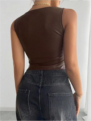 SOLY HUX Women's PU Leather Square Neck Tank Tops Sleeveless Slim Fitted Party Club Crop Top in Saudi Arabia