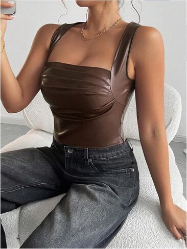 SOLY HUX Women's PU Leather Square Neck Tank Tops Sleeveless Slim Fitted Party Club Crop Top in Saudi Arabia