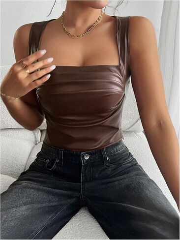 SOLY HUX Women's PU Leather Square Neck Tank Tops Sleeveless Slim Fitted Party Club Crop Top in Saudi Arabia