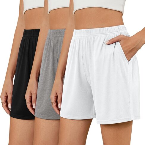 Neer 3 Pack Women's Casual Shorts Lounge Soft Summer Ribbed Elastic High Waisted Shorts Pocket Workout Athletic SweatShorts in Saudi Arabia