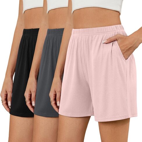 Neer 3 Pack Women's Casual Shorts Lounge Soft Summer Ribbed Elastic High Waisted Shorts Pocket Workout Athletic SweatShorts in Saudi Arabia