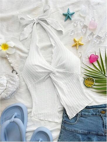 MakeMeChic Women's Halter Tops Slit Twist Front Backless Cute Summer Tank Top in Kuwait