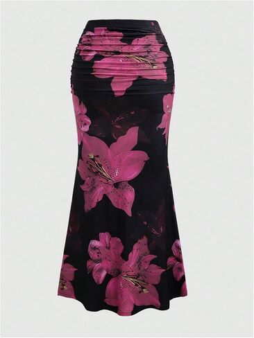 Women's Floral Print Maxi Skirt Ruffle Hem Ruched Fishtail Bodycon Long Skirts Vacation Going Out Outfits in Saudi Arabia