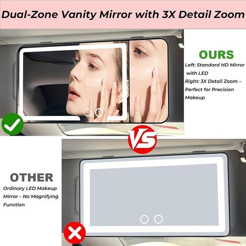 LED Car Sun Visor Vanity Mirror - Upgraded 3X Detail, Rechargeable Makeup Mirror with 3 Light Modes & 4-Level Brightness, Dimmable Touch Control for Cars, SUVs, Trucks in Saudi Arabia