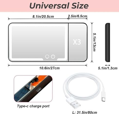 LED Car Sun Visor Vanity Mirror - Upgraded 3X Detail, Rechargeable Makeup Mirror with 3 Light Modes & 4-Level Brightness, Dimmable Touch Control for Cars, SUVs, Trucks in Saudi Arabia