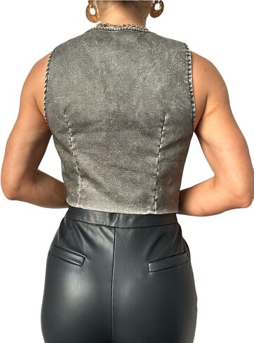 Women Leather Vest Motorcycle Zipper Up Sleeveless Crop Tops Sexy Faux Leather Jacket with Belt in Saudi Arabia
