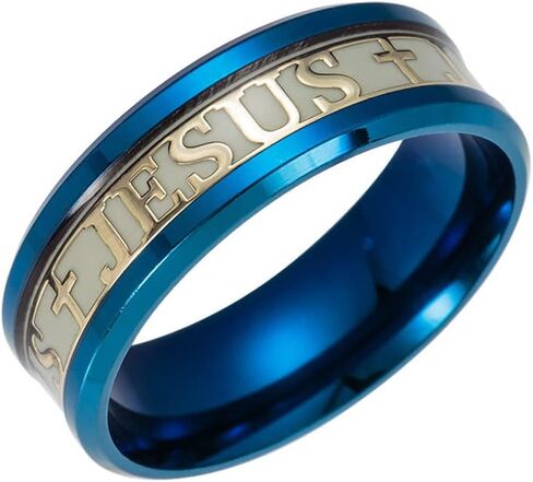 JAJAFOOK Men 8mm Wide Luminous Effect Stainless Steel Luminous Cross Jesus Band Ring Glow in The Dark in Saudi Arabia