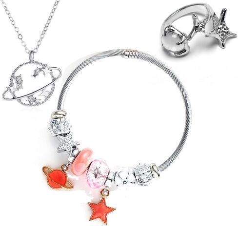 3pcs kitty Bracelet Set, Necklace Rings Adjustable Stainless Steel Sleeves Bangle, Pink Cute Jewelry Daughter Gifts in Saudi Arabia