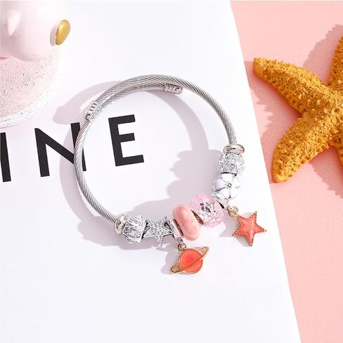 3pcs kitty Bracelet Set, Necklace Rings Adjustable Stainless Steel Sleeves Bangle, Pink Cute Jewelry Daughter Gifts in Saudi Arabia