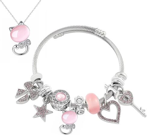 3pcs kitty Bracelet Set, Necklace Rings Adjustable Stainless Steel Sleeves Bangle, Pink Cute Jewelry Daughter Gifts in Saudi Arabia
