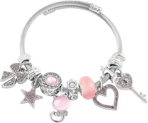 3pcs kitty Bracelet Set, Necklace Rings Adjustable Stainless Steel Sleeves Bangle, Pink Cute Jewelry Daughter Gifts in Saudi Arabia