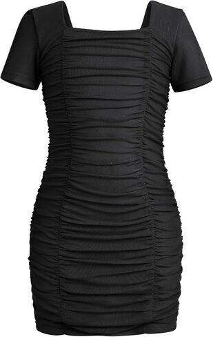 Obeeii Girls Square Neck Short Sleeve Ruched Bodycon Mini Dress Kids Mesh Short Lestig in Saudi Arabia
