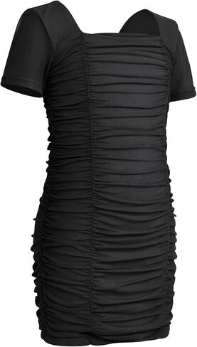 Obeeii Girls Square Neck Short Sleeve Ruched Bodycon Mini Dress Kids Mesh Short Lestig in Saudi Arabia