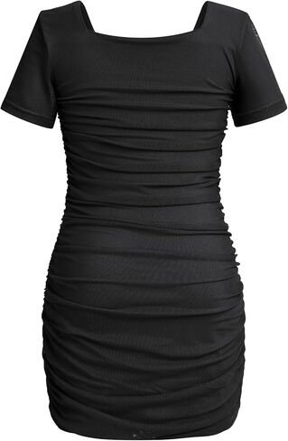 Obeeii Girls Square Neck Short Sleeve Ruched Bodycon Mini Dress Kids Mesh Short Lestig in Saudi Arabia