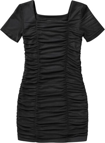 Obeeii Girls Square Neck Short Sleeve Ruched Bodycon Mini Dress Kids Mesh Short Lestig in Saudi Arabia