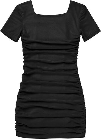 Obeeii Girls Square Neck Short Sleeve Ruched Bodycon Mini Dress Kids Mesh Short Lestig in Saudi Arabia